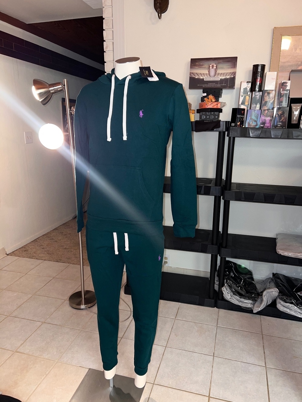 Men’s polo pullover hoodie set dark green small